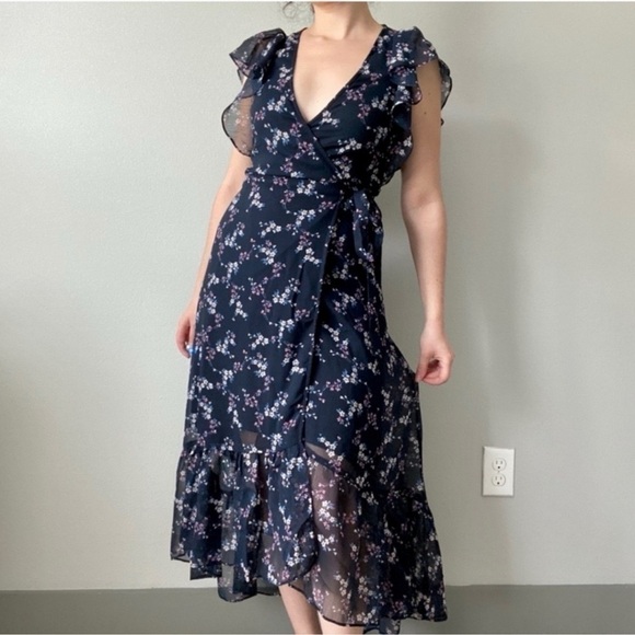 DREW for Anthropologie Navy Floral Print Wrap Maxi Dress Boho Style Size Small - Picture 1 of 13